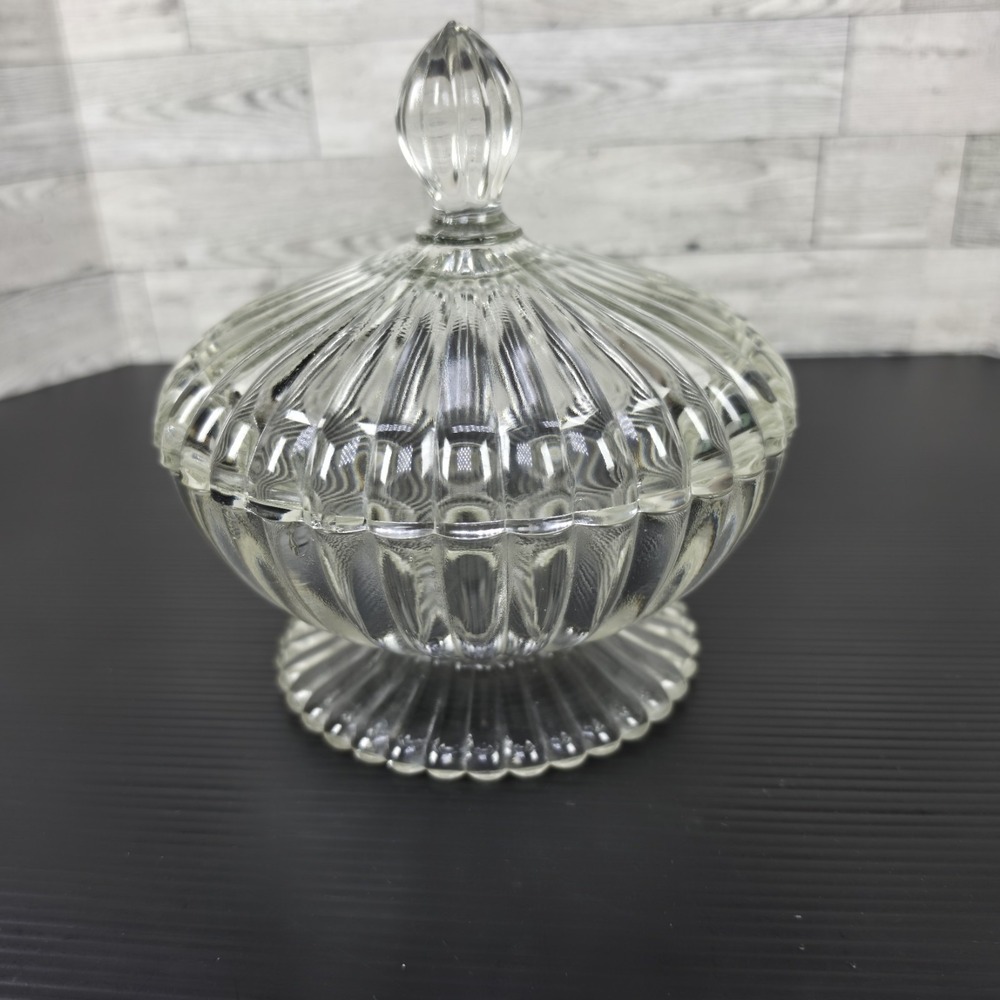 Vintage Jeannette Glass "National " Pattern Candy Dish, Lidded, Footed Compote.‎
